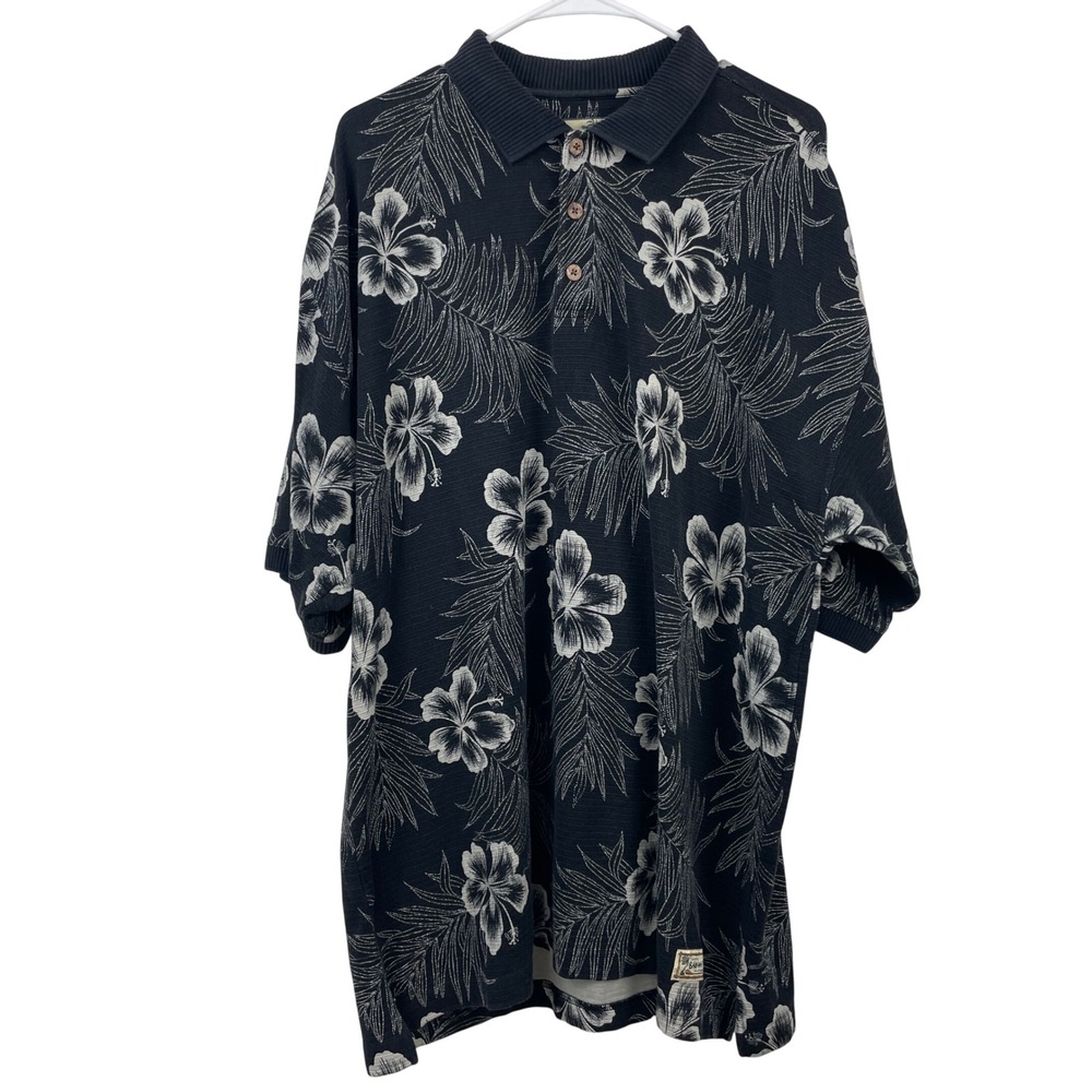 Tommy Bahama Mens XL Silk Cotton‎ Polo Shirt Floral Hibiscus Palm Black